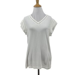 Buffalo David Bitton V Neck Shirt Womens S Small White Short Sleeve Eyelet Trim